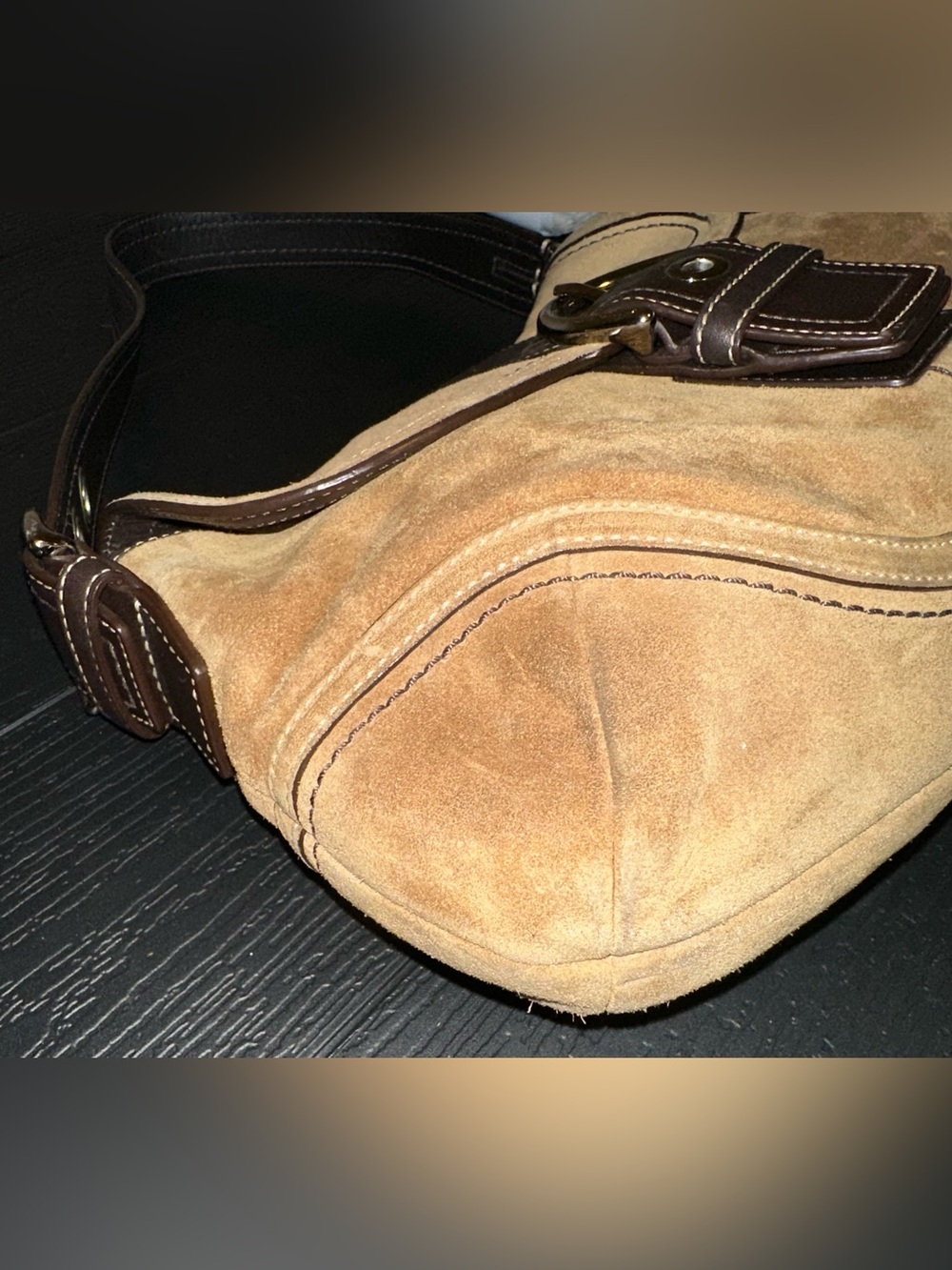 Vintage Coach Y2K Soho Camel Brown Suede Flap Buckle Shoulder Bag Purse F10918 - Picture 4 of 12